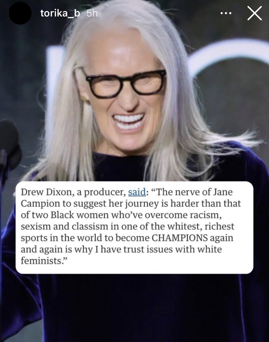 MaharajGrace's tweet photo. Difficult to watch Campion’s speech this but this is the thinking, the white supremacy barriers and the utter ignorance by #wokewhitefeminists who really believe they have had it tough. I mean seriously, comparing Serena and Venus  Williams!!!??? Shit Jane! #karenstrikesagain https://t.co/KDELHRguuQ
