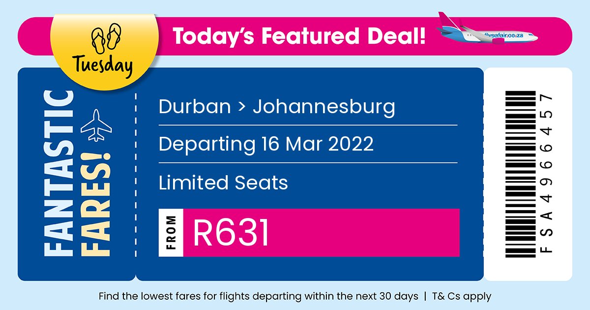 FlySafair on Twitter "FlySafair's Fantastic Fares! Deal of The Day