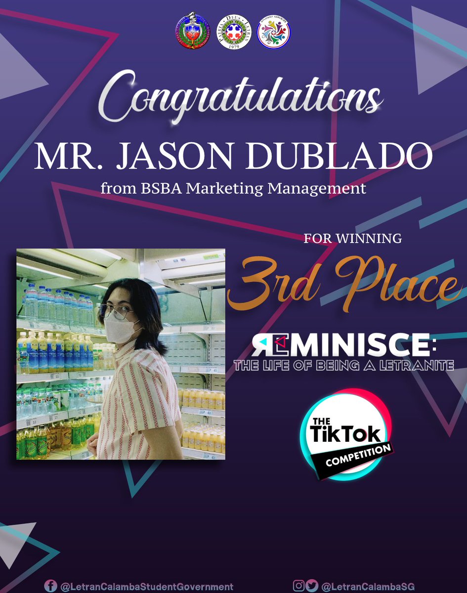 LetranCalambaSG's tweet photo. Congratulations to all the winners of 𝐑𝐄𝐌𝐈𝐍𝐈𝐒𝐂𝐄: 𝐓𝐡𝐞 𝐋𝐢𝐟𝐞 𝐨𝐟 𝐁𝐞𝐢𝐧𝐠 𝐀 𝐋𝐞𝐭𝐫𝐚𝐧𝐢𝐭𝐞, a themed tiktok competition.

To claim your prize, kindly wait for one of the LCSG Officers to contact you through messenger. https://t.co/XIsgEPDWZ4