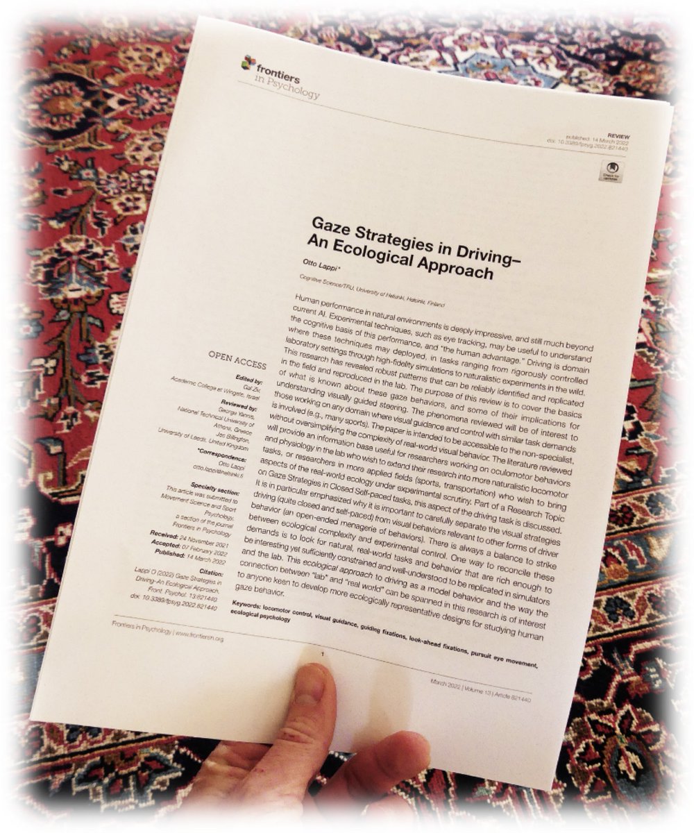 0tt0_Lappi's tweet photo. Glad to see this little review paper now out:
 
Gaze Strategies in Driving – An Ecological Approach

https://t.co/3fFcbIOKyi https://t.co/2pQ3vddYOl