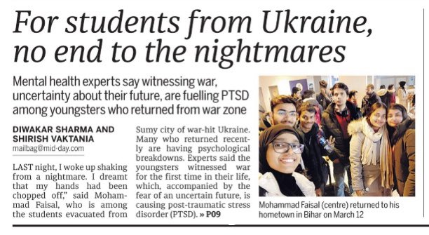 DiwakarSharmaa's tweet photo. For students from #Ukraine, no end to the #nightmares. #Mental health experts say the experience of witnessing #war, and uncertainty about their future, is fuelling #PTSD among many youngsters who returned from the war zone. Story with @ShirishVaktania https://t.co/zi4xpe8feA