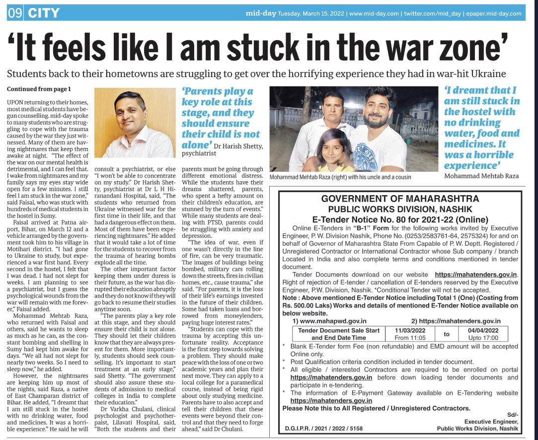 DiwakarSharmaa's tweet photo. For students from #Ukraine, no end to the #nightmares. #Mental health experts say the experience of witnessing #war, and uncertainty about their future, is fuelling #PTSD among many youngsters who returned from the war zone. Story with @ShirishVaktania https://t.co/zi4xpe8feA