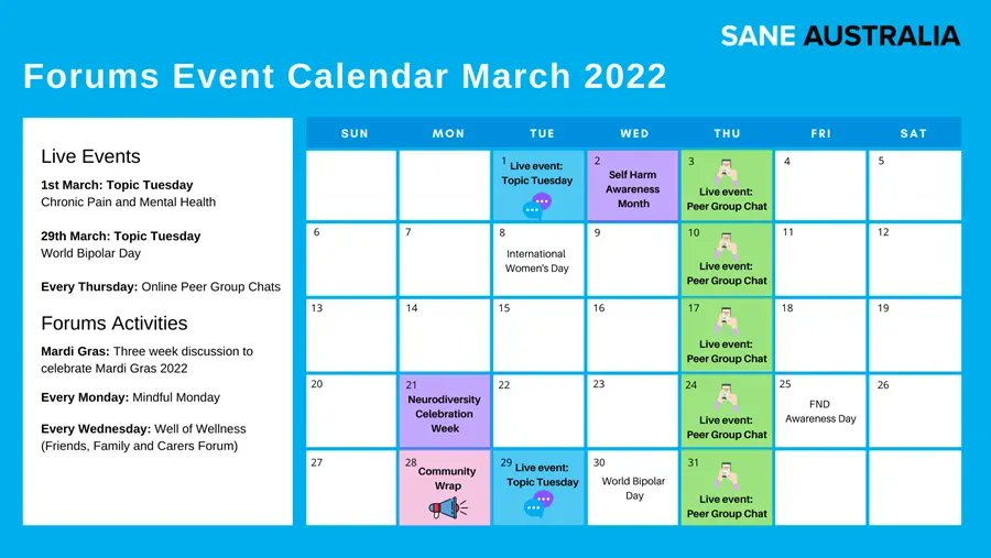 LivedExpAust's tweet photo. Here's a look at what's on our forums for the rest of the month - see what interests you. There are special #topictuesdays or you can pop in any time if you'd like to get something off your chest, or talk to someone in a similar situation. @SANEAustralia https://t.co/TStIHR7hS7 https://t.co/lunm47hmG5