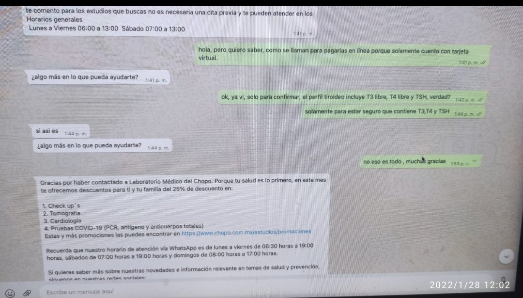 amor_flores_'s tweet photo. Ahora sí me decepcionaste @LabMedicoChopo @Profeco 
Que mal servicio. Me aseguraron que el perfil tiroideo tenía la t3 libre y era urgente para mi consulta que tengo CADA 8 MESES... Y no vino en mi estudio. Me quejé, me dieron un folio y jamás hicieron nada. Rateros. https://t.co/rJbRSJI2KW
