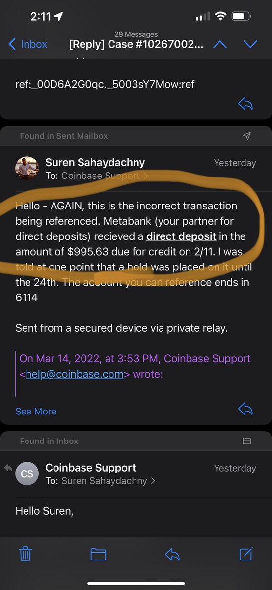 SurenPS's tweet photo. @CoinbaseSupport The specialist was predictably useless… a rep found the deposit at one point, and Coinbase Card support sees it as successful and sent to CB Accounts. Then you lost it. @CoinbaseSupport @coinbase https://t.co/5Dtk5beJDa