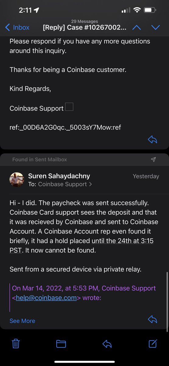 SurenPS's tweet photo. @CoinbaseSupport The specialist was predictably useless… a rep found the deposit at one point, and Coinbase Card support sees it as successful and sent to CB Accounts. Then you lost it. @CoinbaseSupport @coinbase https://t.co/5Dtk5beJDa