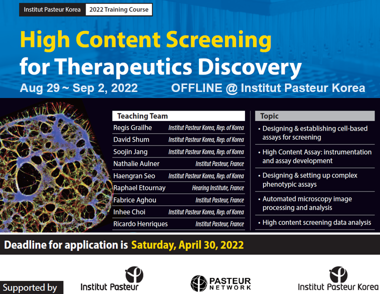[IPK Offline #Training Course(Aug 29 ~ Sep 2): #HCS for Therapeutics Discovery] A learning platform for those in chemical biology to learn the best practices in setting up cell-based assays using automated microscopy leading to novel drugs discovery. bit.ly/3Jfsgcv