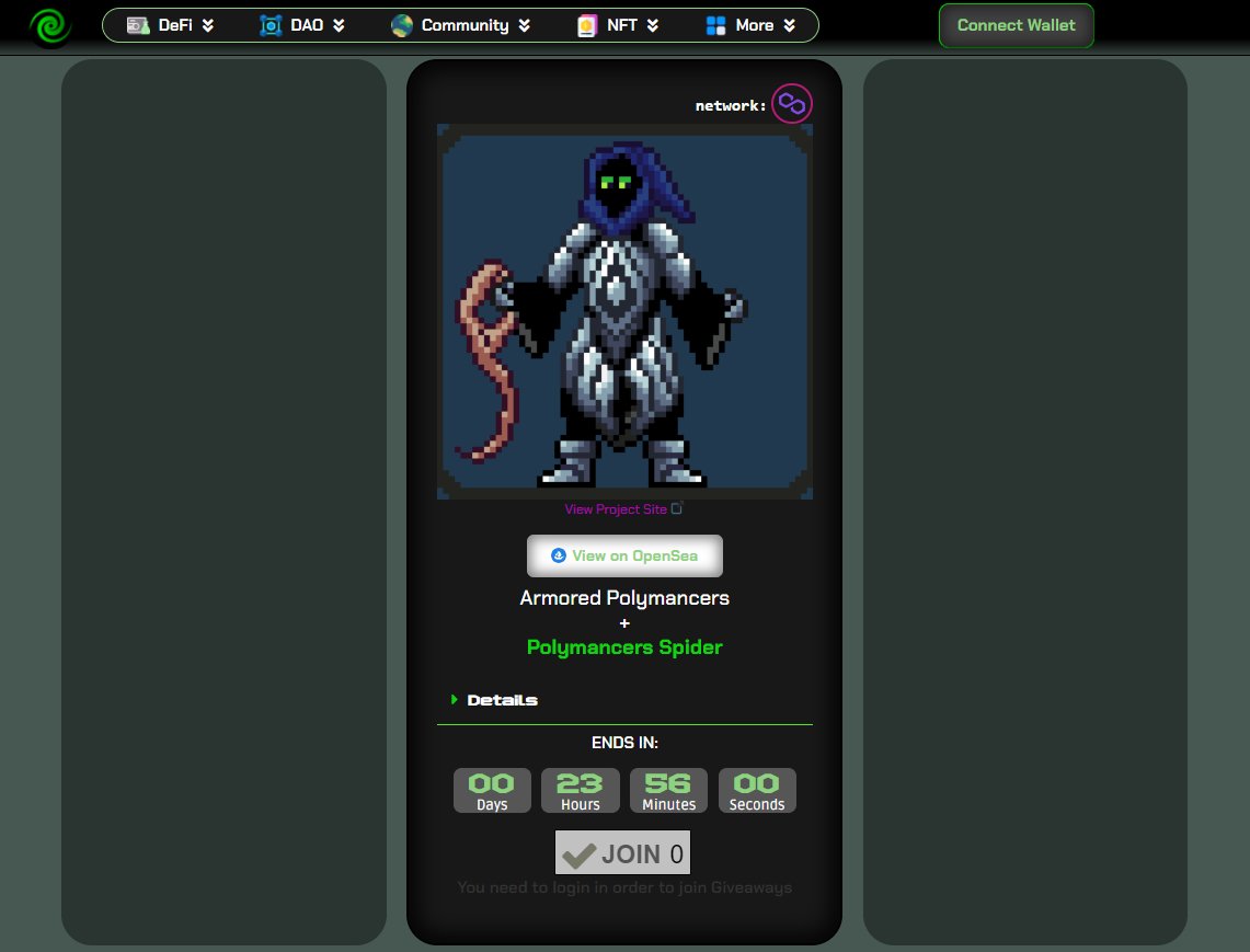 TrybeDAO's tweet photo. 🎁NFT GIVEAWAY🎁

@TrybeDAO x @polymancers_NFT 
3x Armored Polymancers +
3x Polymancers Spiders

To Enter👇

 ✅Visit https://t.co/p8Z74fzAxg
 ✅Sign In with your wallet
 ✅Click "Join" to enter giveaway

3x Winners, Ends in 24 hours👁️

#NFT #NFTGiveaway #NFTGiveaways #PolygonNFT https://t.co/Xr1uPV7Hm6
