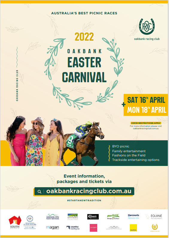 Oakbank Racing Club (@oakbankraces) on Twitter photo Tickets to the 2022 Oakbank Easter Carnival are on sale now! ๐
Book to enjoy the biggest day of the Carnival on Easter Saturday, 16th April
moshtix.com.au/.../2022-easteโฆ...
See you at the 2022 Easter Carnival! ๐
#fortheloveofoakbank #startanewtradition <a href="/EventsSA/">Events South Australia</a> Tickets to the 2022 Oakbank Easter Carnival are on sale now! ๐
Book to enjoy the biggest day of the Carnival on Easter Saturday, 16th April
moshtix.com.au/.../2022-easteโฆ...
See you at the 2022 Easter Carnival! ๐
#fortheloveofoakbank #startanewtradition <a href="/EventsSA/">Events South Australia</a>