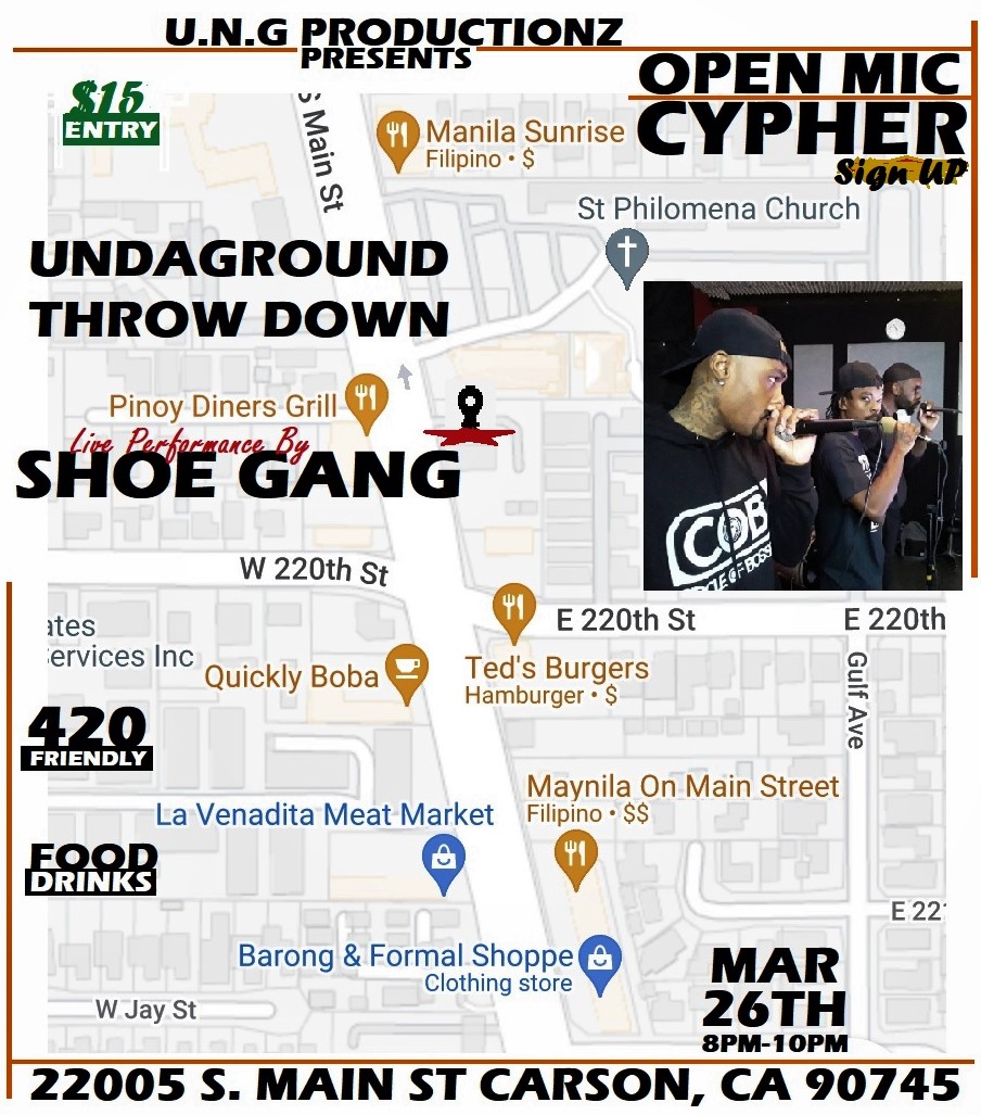 UNGRADIOSTATION's tweet photo. #Undaground Throw Down
Open Mic #Cypher
Sign Up https://t.co/qjpx8IAPXO
Live Performance By The @horseshoegang & @ifejie
March 26th 8PM-10PM 22005 S. Main St Carson, CA 90745 https://t.co/1gBciFZdPK