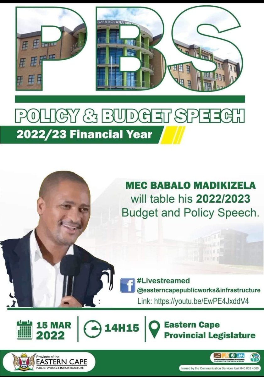 ECDPWI's tweet photo. Today the Hon. MEC. Babalo Madikizela will table Policy  and Budget Speech at EC Legislature. Catch us live on departmental Facebook page as detailed in the poster. https://t.co/XS8s1dmvgL