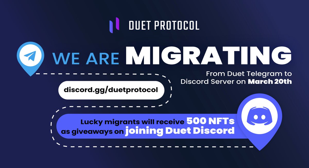 🚨 Important announcement to the Duet Community 🚨

We are closing down the #Duet Telegram chat and announcement channel and hence, all the users are requested on Telegram to move to Duet Discord server in order to stay updated

 Some #NFTGiveaways for the migrants, link below👇🏽