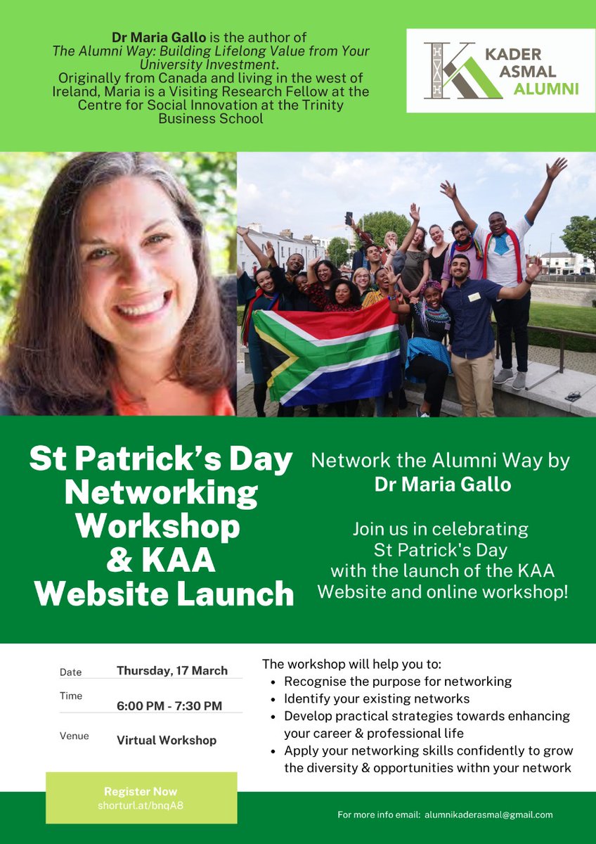 KA_Alumni's tweet photo. Looking for something to do on St Paddy's Day? We have you covered. Please note that our workshop has moved to 17 March. Join us for a day of networking and officially launching the KAA website. Register here:  https://t.co/w32pD1hjlG https://t.co/HhiuNsl0uy