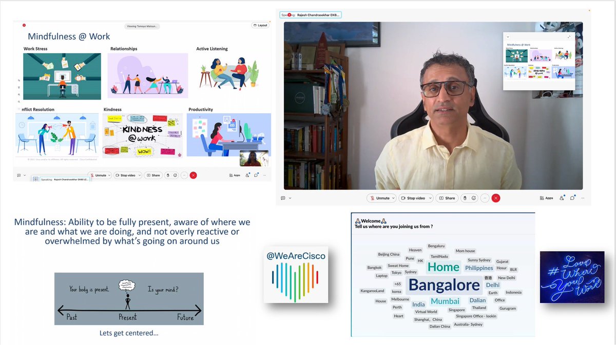 VarshaKanwar's tweet photo. “Your health is our business priority” Best way to wrap a full day with Mindfulness@Work 😇 session with @rajesh_c and 250+ #CiscoAPJC attendees. Thank you @amanlamba for organizing. #MindfulnessMatters #WeAreCisco #LiveLearnLaugh #LoveWhereYouWork #BloomWhereYouArePlanted https://t.co/elSD5cJDS0