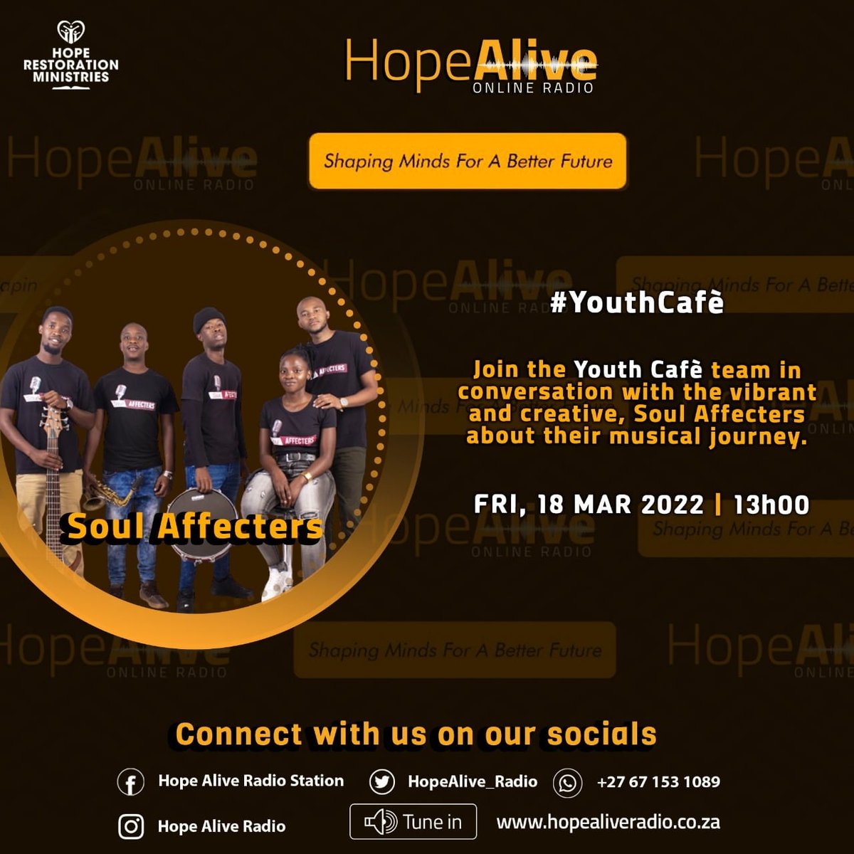 Soul_Affecters's tweet photo. Our objective as Soul Affecters is to help each other develop musically and offer the rest of the world a taste of what we have, but it doesn't stop there; we also want to positively influence people's souls.

Join us as we discuss our musical adventure @HopeAlive_Radio
#music https://t.co/ahleu22FpG