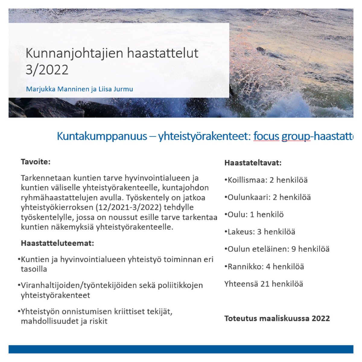 LiisaJurmu's tweet photo. Aamu käyntiin kolmannella kunnanjohtajien ryhmähaastattelulla. Tavoitteena tarkentaa kuntien tarvetta hyvinvointialueen ja kuntien väliselle yhteistyörakenteelle Pohjois-Pohjanmaalla. Hyvät keskustelut jälleen! @marjukka_m @POPsote #hyvinvointialue https://t.co/ivNlVx0dG1