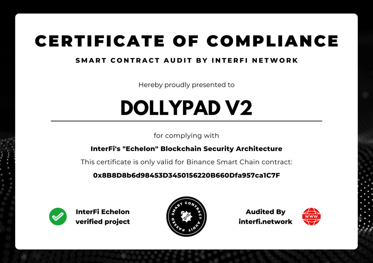 InterFi Network has completed a smart contract security audit of: 
<a href="/DollypadFinance/">Dollypad Finance</a> (DOLLYPAD V2)

The full audit report can be read on our GitHub: github.com/interfinetwork…

To request a audit please contact: 
<a href="/InterFiNetwork/">InterFi Audits 🛡</a>

 #smartcontract #interfi