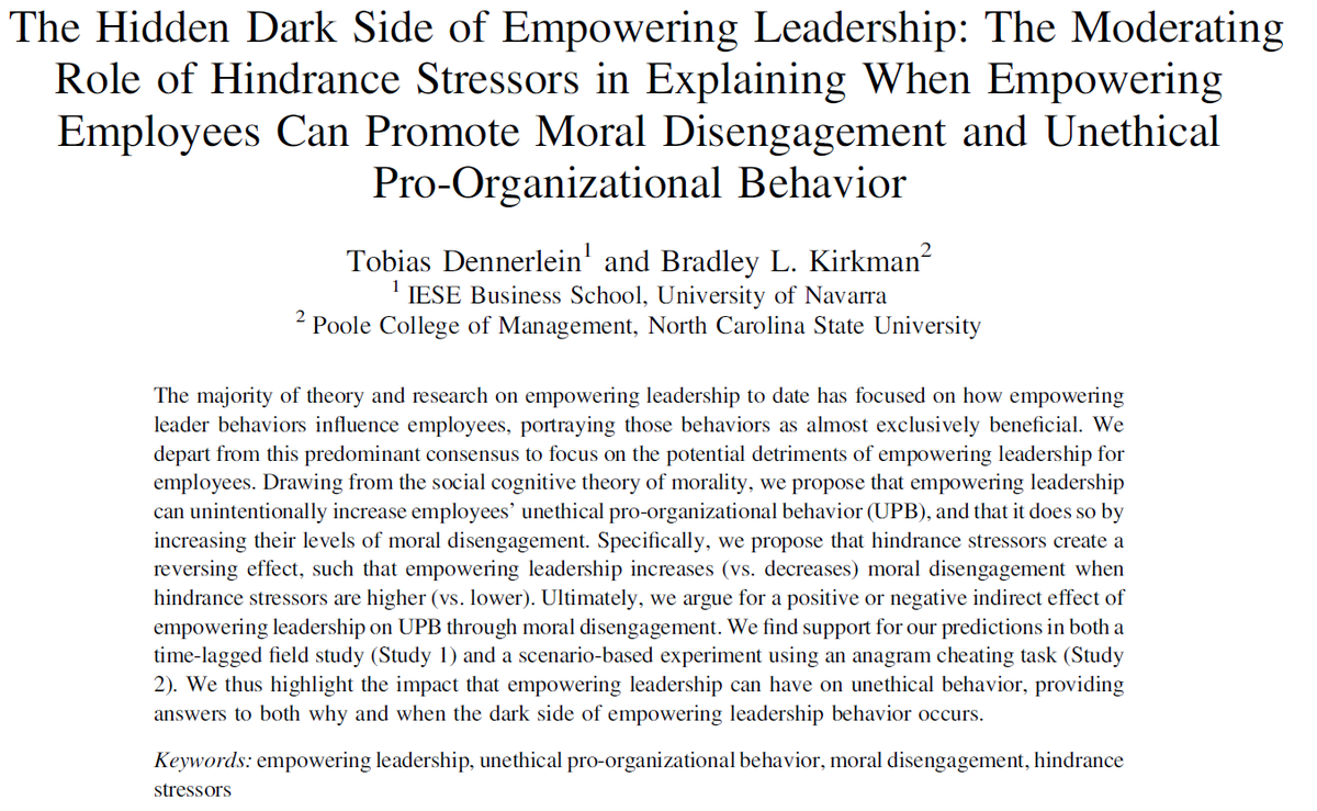 Excited to share new <a href="/iesebschool/">IESE Business School</a> research on the hidden dark side of empowering leadership with the amazing <a href="/BradleyLKirkman/">Bradley Lane Kirkman</a>, just out in <a href="/JAPeditorcorner/">The JAP Editor's Corner</a>. We find that empowering leadership can unintentionally backfire in some situations. Check it out:
tinyurl.com/hiddendarkside…