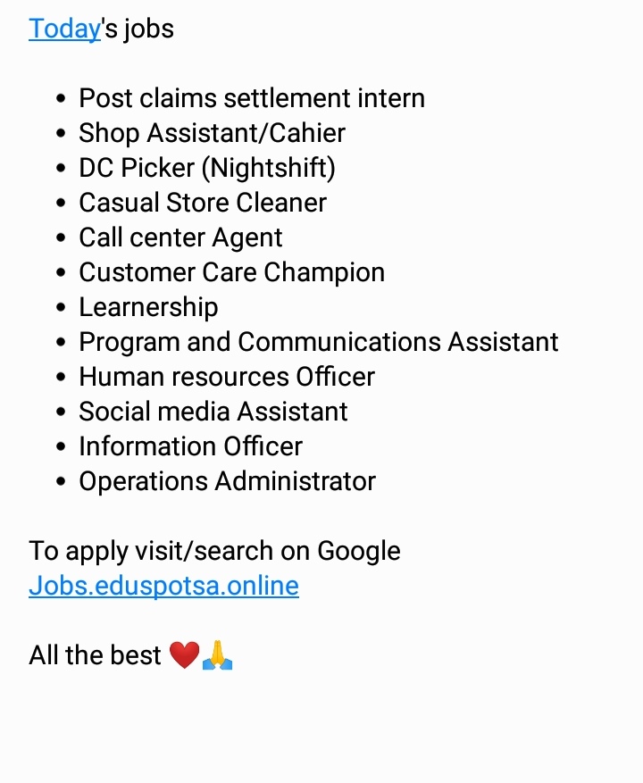 Keamo_KeaMorake's tweet photo. Good morning beautiful people. Let us apply for these jobs and hope for the best. Please share🙏 Unemployed people will appreciate 

Missionary | President Ramaphosa | National State of Disaster | Which South Africans https://t.co/71nnI1S1wE