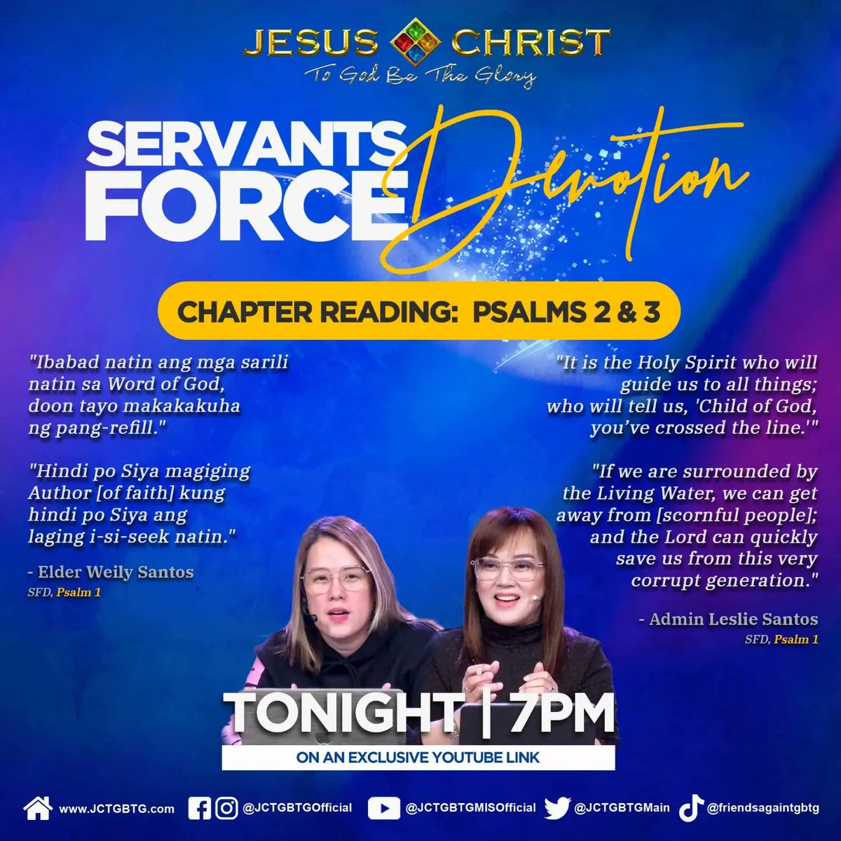 JCTGBTGMain's tweet photo. Don't miss our soul-enriching Servants Force Devotion with Admin Leslie and Elder Weily Santos tonight at 7pm LIVE via an exclusive YouTube link. See you there! ππ
#JCtGbtgMain #JCTGBTG #JCtGbtgMainSFD #OnlineDevotion https://t.co/9YLV9SYZXq