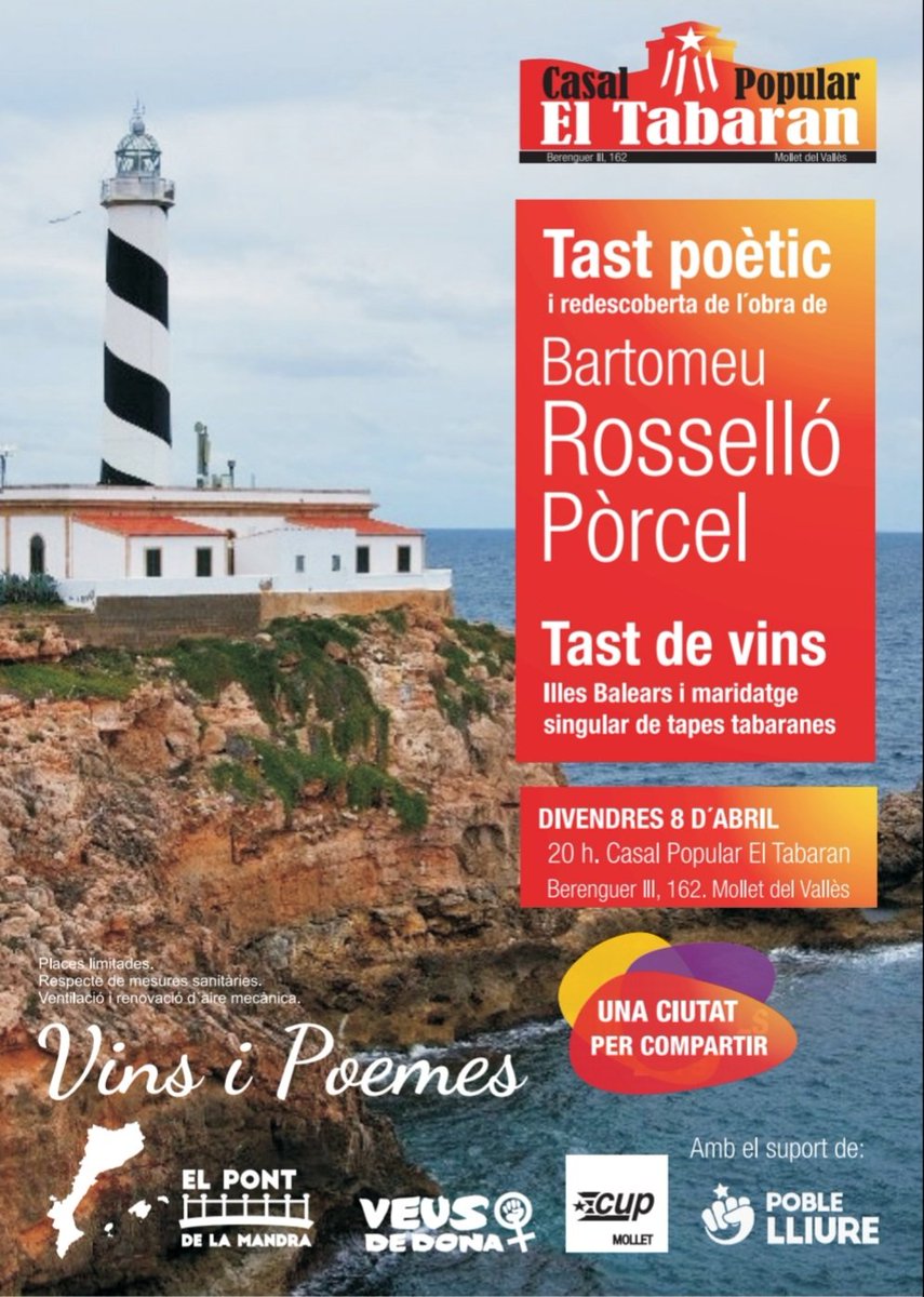 🍷Ep ! Reserveu la data ! 💥 Divendres #8A bastirem un pont de mar blava. 👉Al @CPTabaran de #Mollet seguim amb el nostre cicle de 'Vins i poemes'. 🍷Homenatgem l'obra de Bartomeu Rosselló Pòrcel i la maridem amb vins de les Illes Balears. 👉No us ho perdeu ! #CPTabaran
