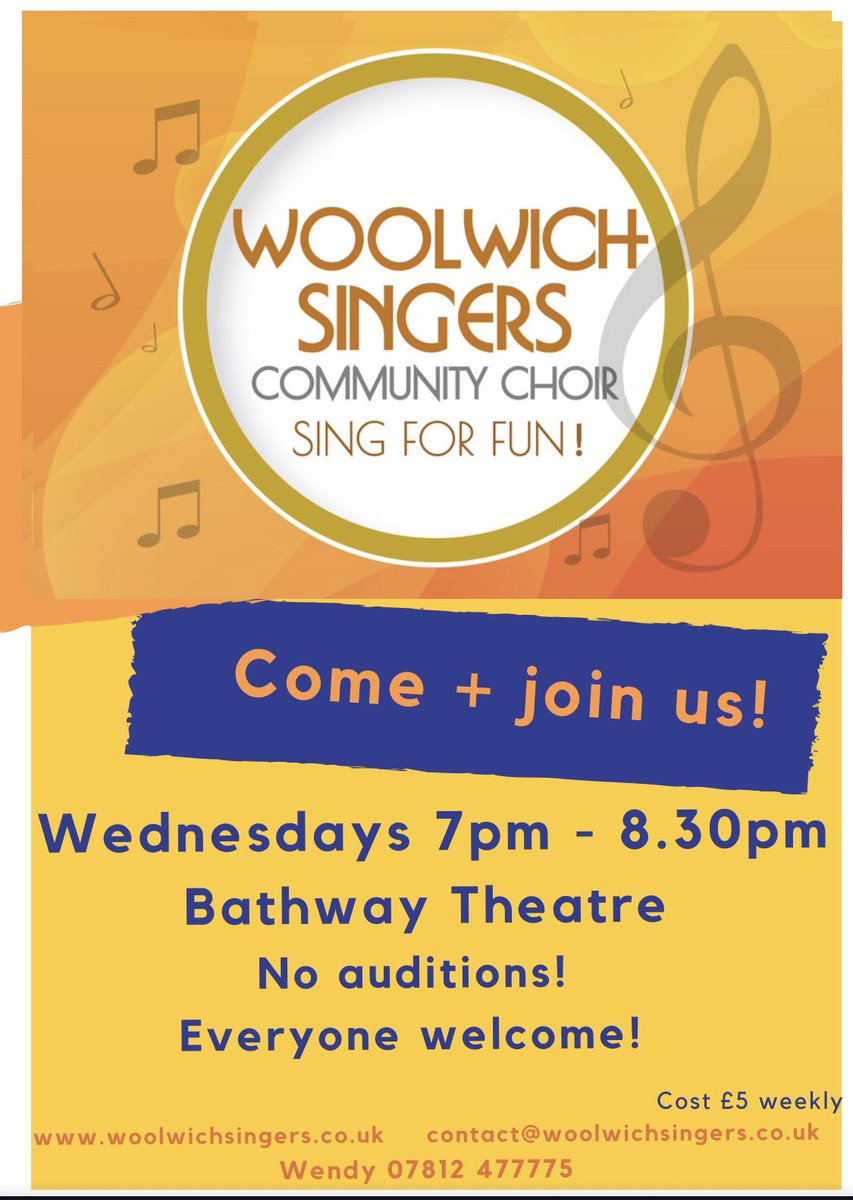 woolwichsingers's tweet photo. Come &🎵sing🎵 with us TOMORROW at 7pm.
No auditions! Everyone welcome 😊@DramaGreenwich #woolwich #community #singing #bathway https://t.co/6B2P4t54IS