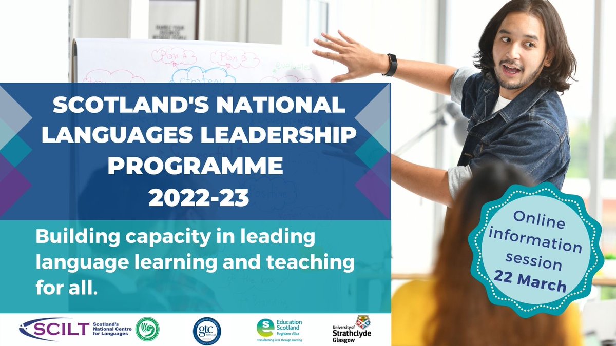 scottishcilt's tweet photo. Join this information session on 22 March to find out about Scotland's National Languages Leadership programme, hear from current participants and ask questions of the programme leads. 
Visit our website to find our more: https://t.co/yUJt0mMvDy
#LangsLeadScot https://t.co/fTWPdFJanv