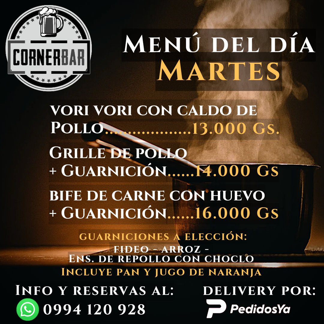 CornerBarpy's tweet photo. Volvemos con Vori Vori 🍵😎
A partir de las 11:30hs🕦

Menú⬇️ (Incluye Jugo🍹y pan 🥖)

Vori vori de pollo 🐔🍵
 =13mil

Más opciones en la imágen ⬇️

Guarniciones:
Arroz 🍚 - Fideo 🍝
Ens. de repollo🥗

Reservas al Wha 0994 120 928 📨
Delivery a través de la app de Pedidos Ya 😎 https://t.co/2Th4RrxS6r