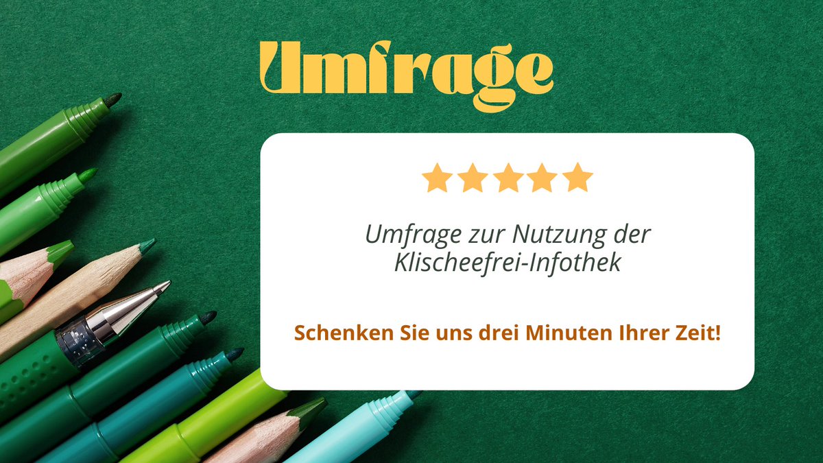 klischee_frei's tweet photo. Kennen Sie unsere Klischeefrei-Infothek? Falls ja, nutzen Sie diese #Infothek auch? Dann machen Sie doch bitte bei unserer kurzen Umfrage mit, es sind auch nur fünf kurze Fragen: https://t.co/vk4uRSzN5a https://t.co/aDqd8tBVkE