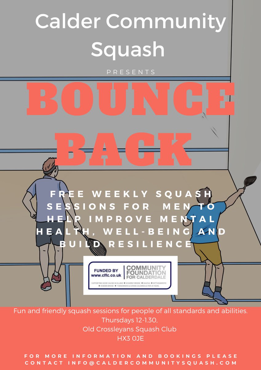 CalderSquash's tweet photo. We still have a few spaces left on our Bounce Back sessions. Get in touch if you or someone you know may benefit from this project. 😊

info@caldercommunitysquash.com https://t.co/ziNp96YXJ0