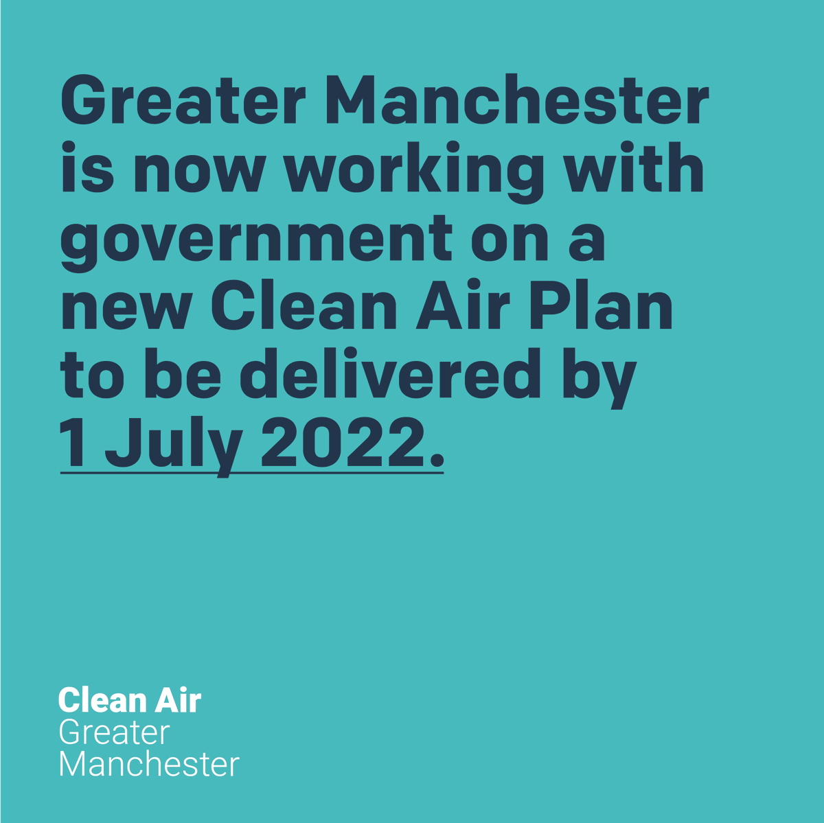 Greater Manchester has until July 2022 to deliver 
a new plan for clean air. 

That means Clean Air Zone charging will NOT begin on 30 May 2022 as originally planned. 

For the latest on #CleanAirGM, go to: bit.ly/3HYUJ4T