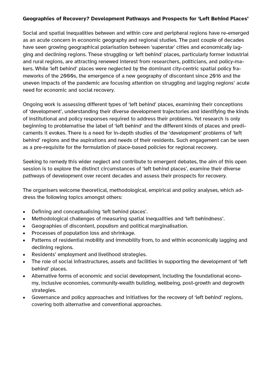 Join us at @RGS_IBG Annual International Conference, Newcastle Upon Tyne, 30 Aug - 2 Sept 2022 Session title: #Geographies of #Recovery? Development Pathways and Prospects for ‘Left Behind Places’ Send abstracts by 18 March 2022 @PeripheralPlace #leftbehindplaces #peripheral