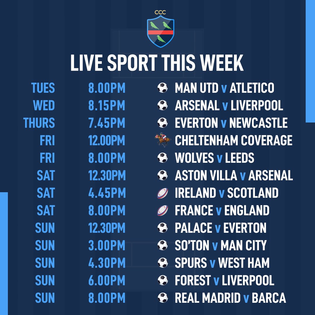 clscricketclub's tweet photo. ⚽️🏉🏇 

What a week of sport we have this week! 

🍺 Don’t forget Keets Club and Full Members can take advantage of Happy Hour until 7.30pm on Friday and all day Sunday! 😊 https://t.co/k6u97tyOKf