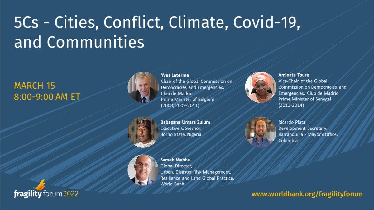 gunesbasat's tweet photo. Starting Soon at 8:00 am ET! 5Cs: Cities, Conflict, Climate, #Covid19 &amp; Communities - Register &amp; Watch LIVE here: https://t.co/omKFhhfv7y #FragilityForum2022 #Cities4All @YLeterme  @aminatatoureklk  @RPlataSarabia @SamehNWahba @ClubdeMadrid @ProfZulum @WBG_Cities https://t.co/9ZvOX7WHtg