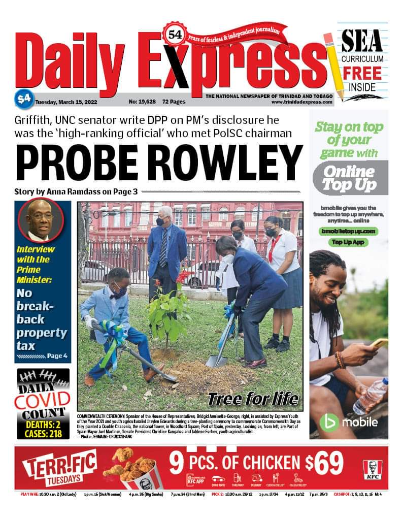 Good morning neighbours, on the front pages today, Tuesday 15th March 2022 in Trinidad and Tobago. #FrontPages #Headlines #NewspaperHeadlines #tuesdaynews #dailynews #trinidadandtobago