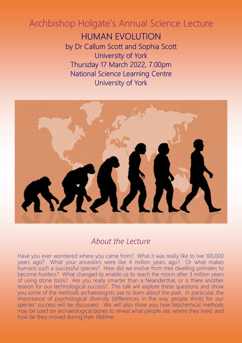 Join us for this year's Archbishop Holgate's Annual Science Lecture on 'Human Evolution' - this Thursday, 17 March, 7.00pm, at NSLC University of York. All welcome, the lecture is free to attend, no tickets required.