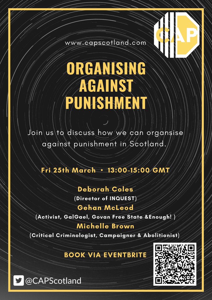 How can we strategically organise against punishment in Scotland? Fri 25th March 13.00-15.00 GMT
<a href="/gehan_macleod/">Gehan Macleod</a> <a href="/DebatINQUEST/">Deborah Coles</a> <a href="/ProfMBrown/">Michelle Brown</a>  
share their thoughts @enoughscot <a href="/INQUEST_ORG/">INQUEST</a> <a href="/TheSCCJR/">SCCJR</a>  <a href="/UofGlasgow/">University of Glasgow</a> <a href="/UTKnoxville/">UT Knoxville</a> <a href="/GalGael/">GalGael Trust</a> <a href="/govanfreestate/">govanfreestate</a> 

eventbrite.co.uk/e/how-do-we-or…