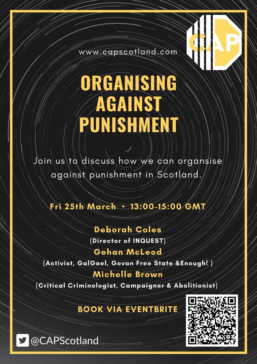 How can we strategically organise against punishment in Scotland? Fri 25th March 13.00-15.00 GMT @gehan_macleod @DebatINQUEST @ProfMBrown share their thoughts @enoughscot @INQUEST_ORG @TheSCCJR @UofGlasgow @UTKnoxville @GalGael @govanfreestate eventbrite.co.uk/e/how-do-we-or…