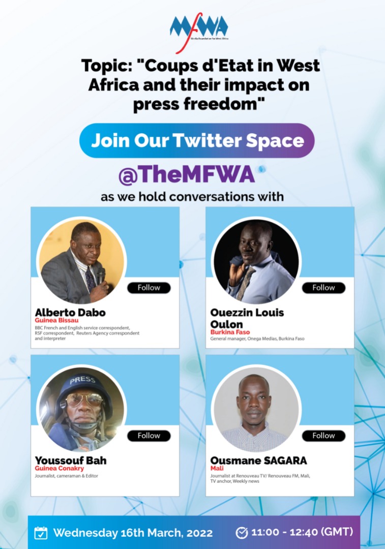 Join our Twitter Space Conversation tomorrow as we discuss the impact of the recent Coup d'Etats in some countries in the West Africa region on press freedom. Make a date!
x.com/i/spaces/1Yqxo…