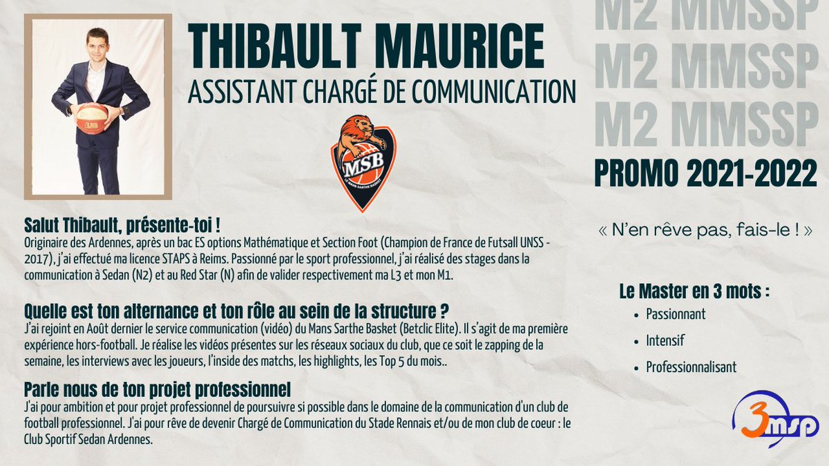 Comme chaque semaine, nous vous faisons découvrir le portrait d’un étudiant du master 📕
Au tour de <a href="/thibzehr/">Thibzehr'</a> Assistant Chargé de Communication chez <a href="/MSB_Officiel/">MSB_Officiel 🦁</a>, de nous présenter son alternance, son parcours et ses envies pour le futur 🙌