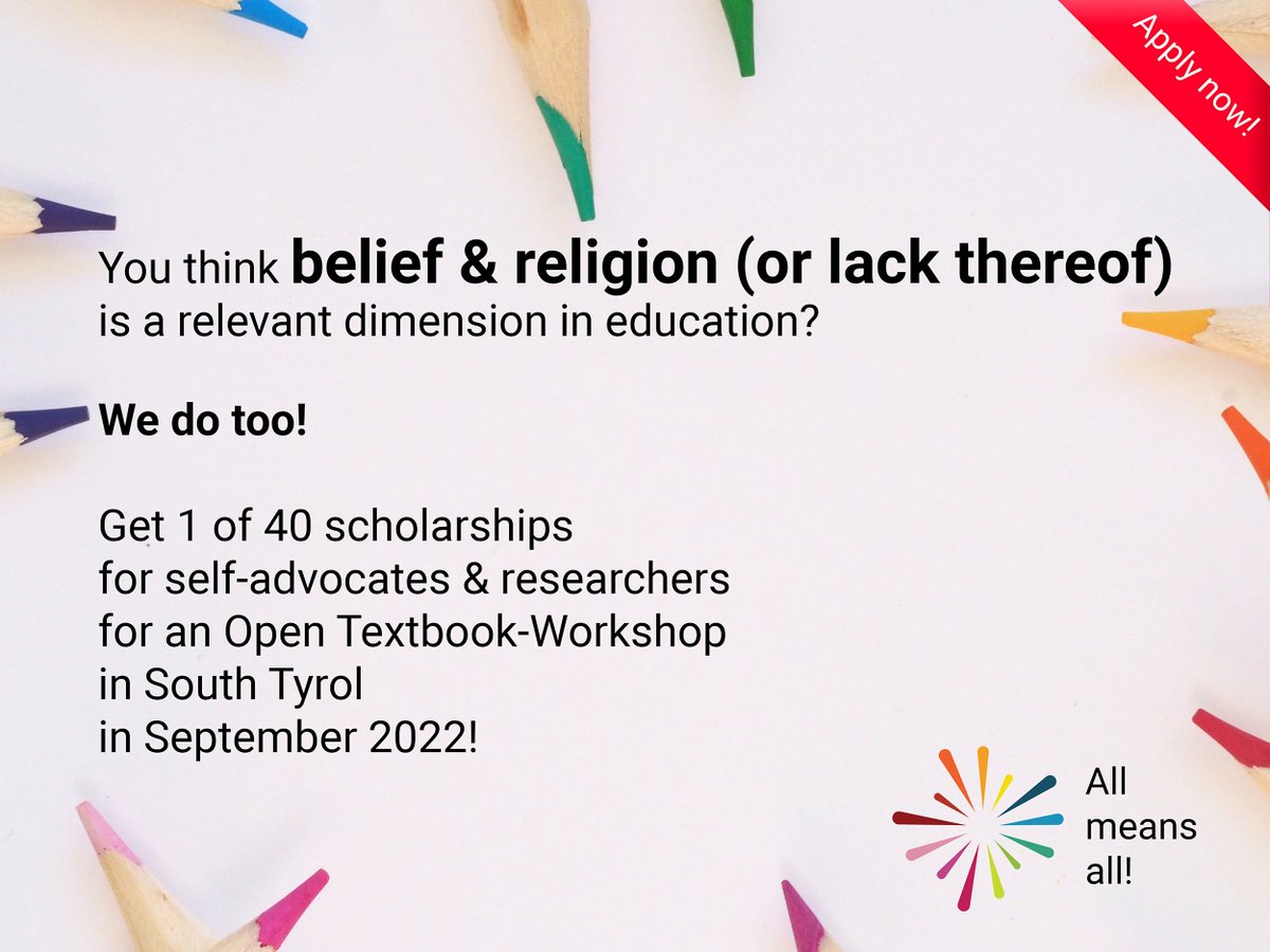 allmeansall_edu's tweet photo. Apply now for 1 of 40 scholarships for Brixen (Italy) in 09-2022!

https://t.co/7zo9alnQb4

More: https://t.co/Cs0cBgoeJm

Deadline: 15.4.22

1 #OpenTextbook for initial teacher training!
133 self-advocates/researchers!
12 dimensions of diversity! Please RT or tag! #OEWeek https://t.co/a2WQg6C6Yi