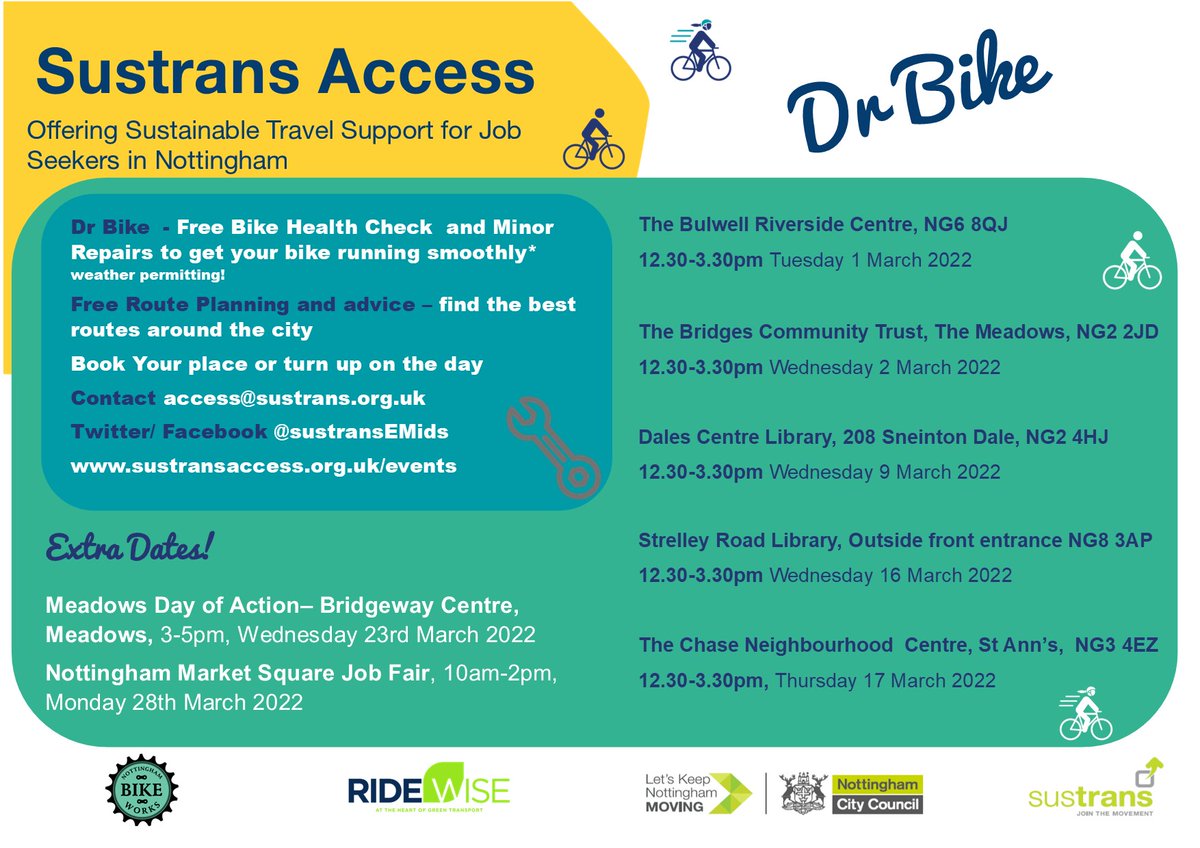 SustransEMids's tweet photo. Nottingham Jobseekers-it's a double Dr Bike week! π§π²We are at Strelley Road Library tomorrow and on the Chase St Ann's on Thursday- come along for a free bike check and simple repairs! 12.30-3.30pm both days. #sustransaccess https://t.co/jejqw6YWkv