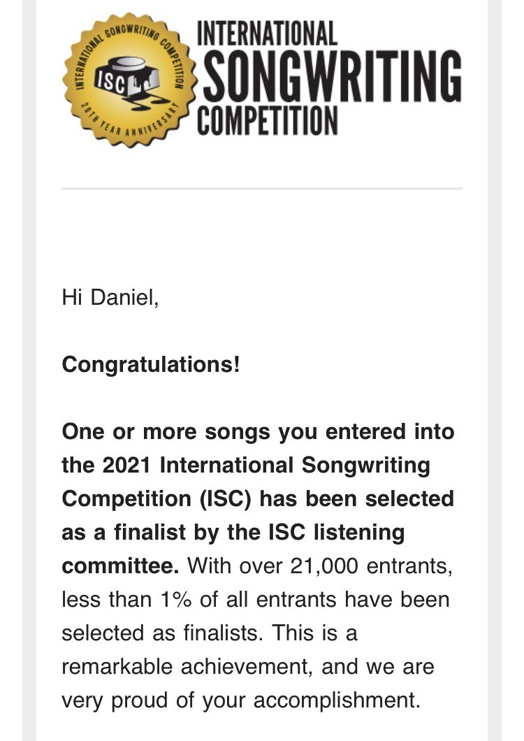 Some of you know how much I want to be a songwriter &amp; producer more than anything.

So it’s such a huge honour to be a finalist in the best songwriting competition in the world for 2 years in a row. This time I’m a finalist in 3 categories!🥳 Thank you so much <a href="/intlsongcomp/">International Songwriting Competition</a>🙏😭💙