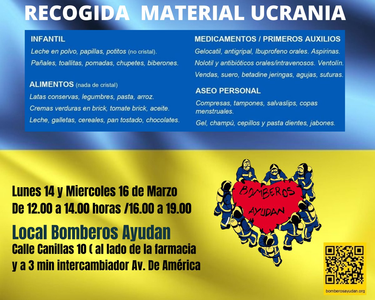 Recordad que mañana miércoles 16 estaremos recogiendo material en nuestro local para el próximo envío a #Ucrania 
🕥12-14 y 16-19
🏠 Canillas 10 (Avda América)
Seguimos ayudando a quién ahora más lo necesita 💛