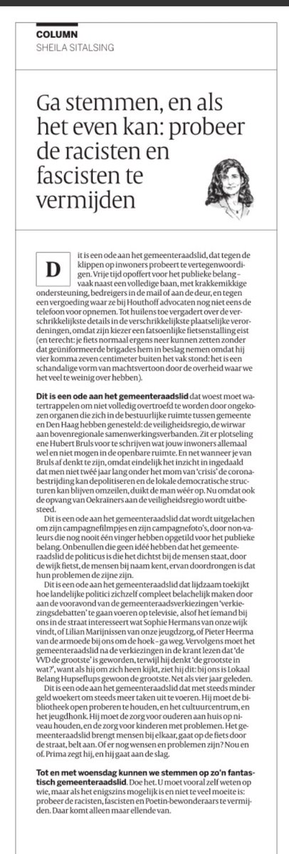 DragtAlbert's tweet photo. Mooi artikel van Sheila Sitalsing in de Volkskrant vandaag over de waterdragers van onze democratie. Ga stemmen vandaag of morgen. https://t.co/J5inardAAl