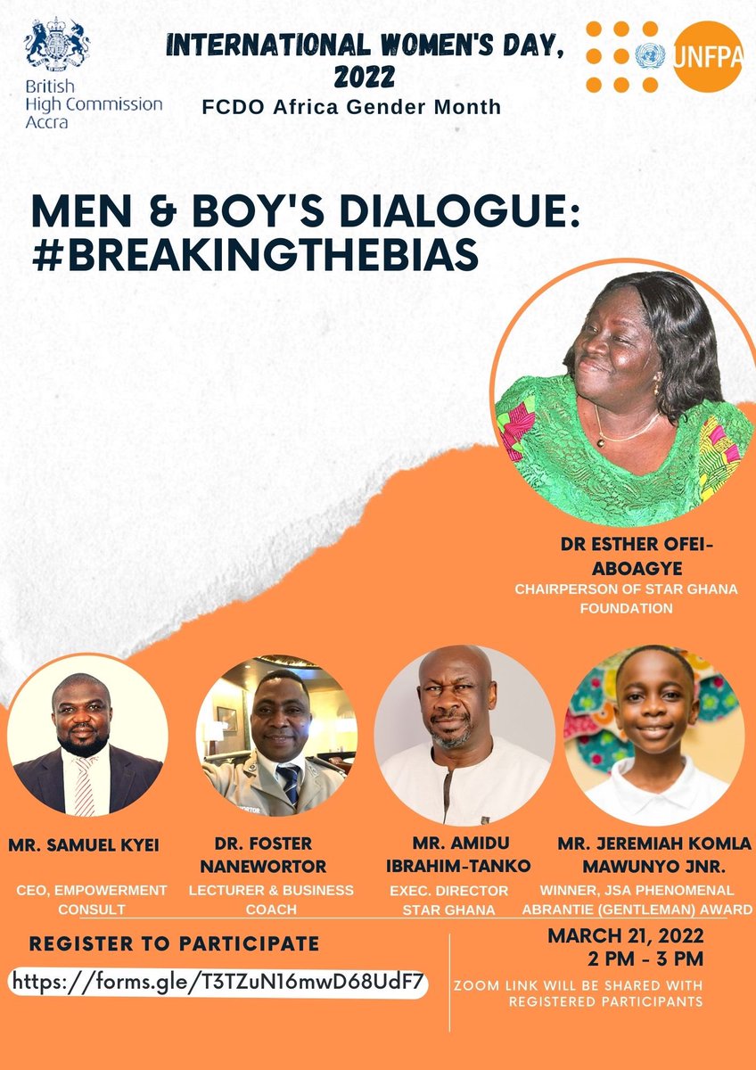 UNFPA Ghana in partnership with <a href="/UKinGhana/">UK in Ghana 🇬🇧🇬🇭</a> is organizing a Men &amp; Boys Dialogue dubbed “Male Activism to Promote Gender Equality and Women and Girls Empowerment”. Join the conversation by using the registration link: forms.gle/5cgSRRhf5SB6T8…

#IWD2022