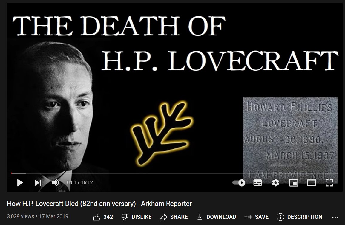 Today is the anniversary of H.P. Lovecraft's death. I did a video years ago about it. Now is a good a time as any to go check it out and learn about his passing.

RIP to the Old Gentleman of Providence
youtube.com/watch?v=firvSg…