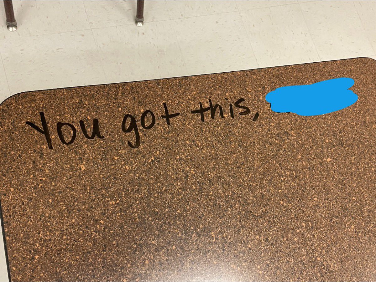 MissPitstick's tweet photo. State testing day 1. Wrote messages on  student desks so they know where to sit and have a tiny encouragement when they walk in. https://t.co/lo8QuZUyT4