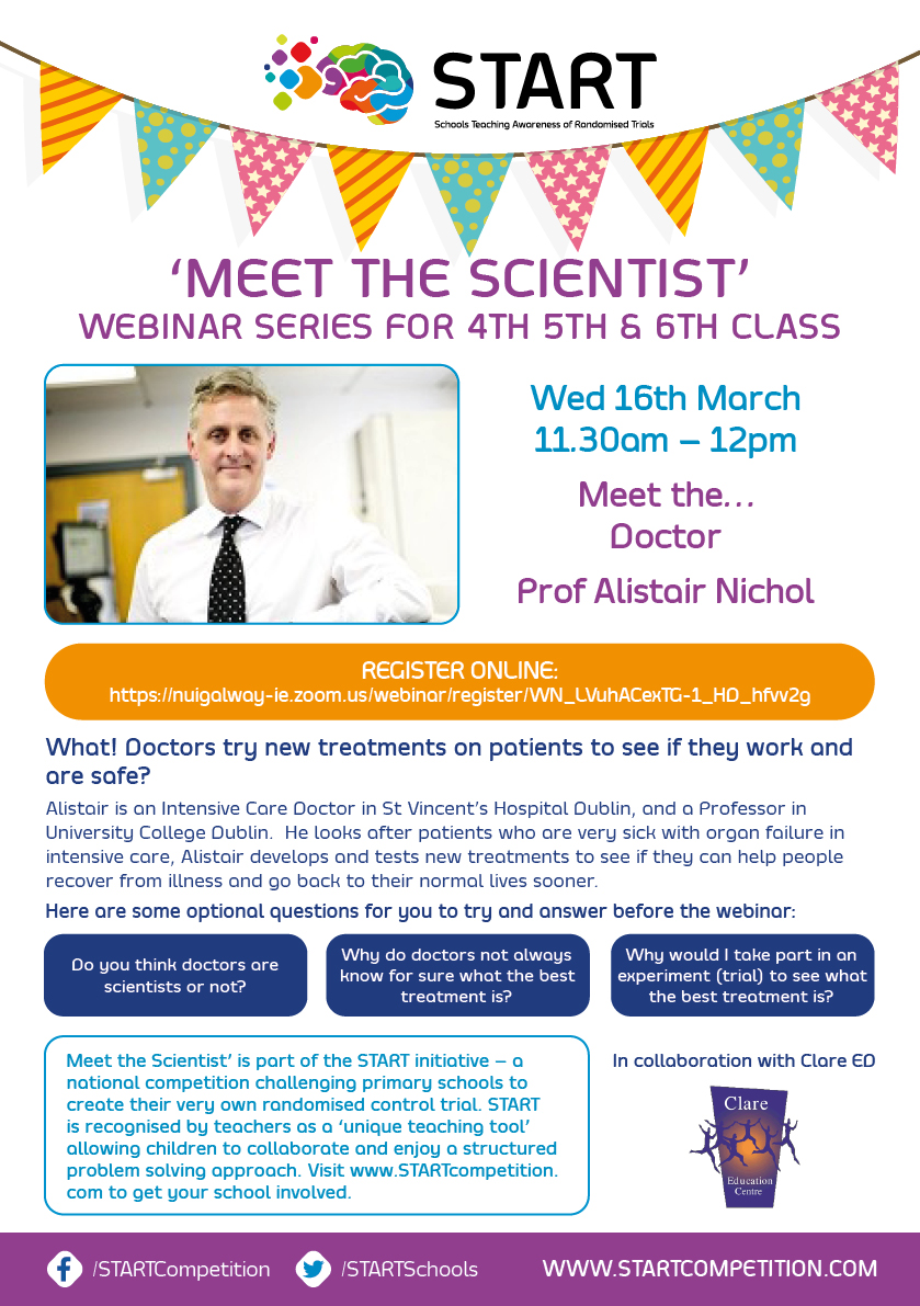 STARTSchools's tweet photo. 🤩4th, 5th & 6th classes
Looking forward to seeing you at tomorrow's #STARTcompetition Meet the Scientist webinar.
Join us at 11.30am 16th March to meet the Doctor, Prof Alistair Nichol.
🥳Still time to register your class at: https://t.co/DtLfyOsmo7 https://t.co/jvD67yrZYQ