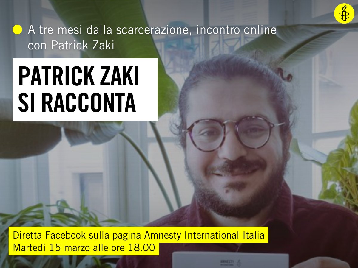 amnestyitalia's tweet photo. Oggi alle 18.00 #PatrickZaki si racconta in diretta streaming su
🔵 Facebook https://t.co/k9WaIN6wA5
🟥 Youtube  https://t.co/qOEysU30aA

Non mancate! https://t.co/2JtDeLm0YA